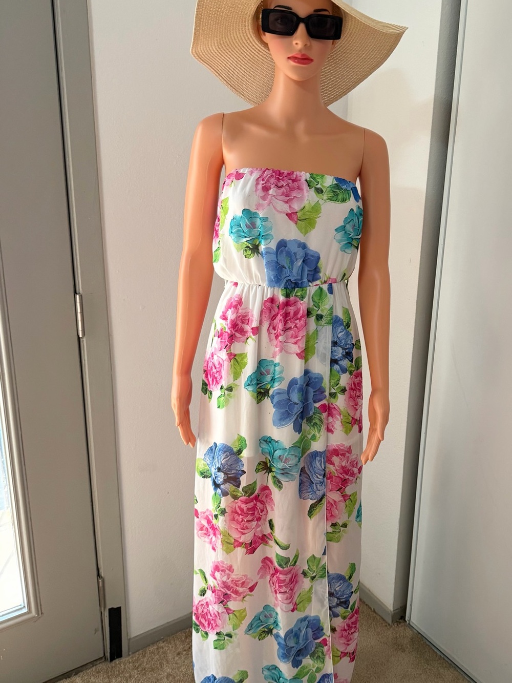 TRAC USA Floral Strapless Maxi Dress White Pink Blue Size S